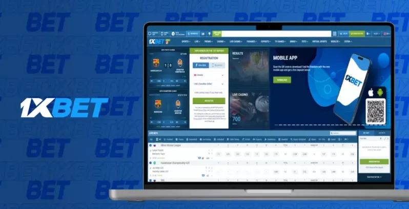 Laptop screen showing the 1XBET website with betting options and mobile app information.
