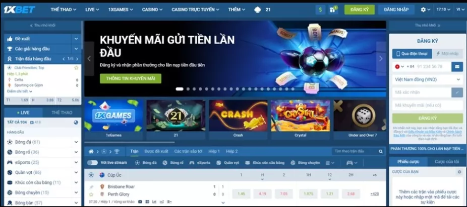 Ảnh chụp màn hình trang chủ 1XBET với khuyến mãi gửi tiền lần đầu và các trò chơi.