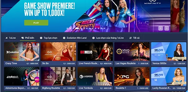 Ảnh chụp màn hình trang 1xLive của 1XBET với các trò chơi casino trực tuyến và ưu đãi "GAME SHOW PREMIERE!".
